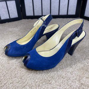 Bruno Maglia Blue Suede Sling Peep Toe Heels 6.5